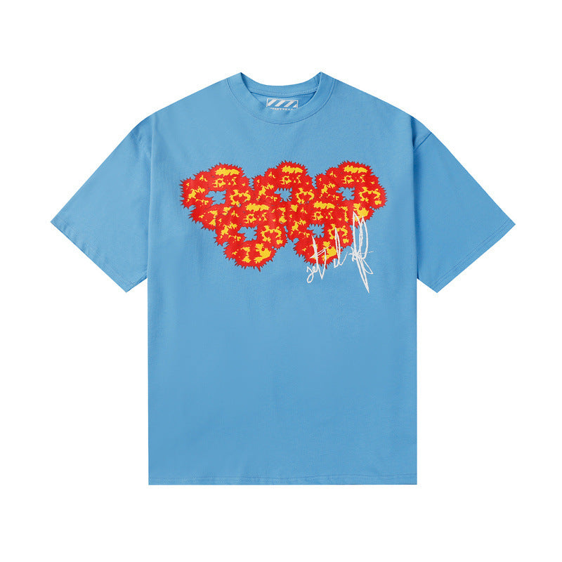 Denim Tears T-shirts Flame Wood Cotton Printed Loose Short Sleeve T-shirt